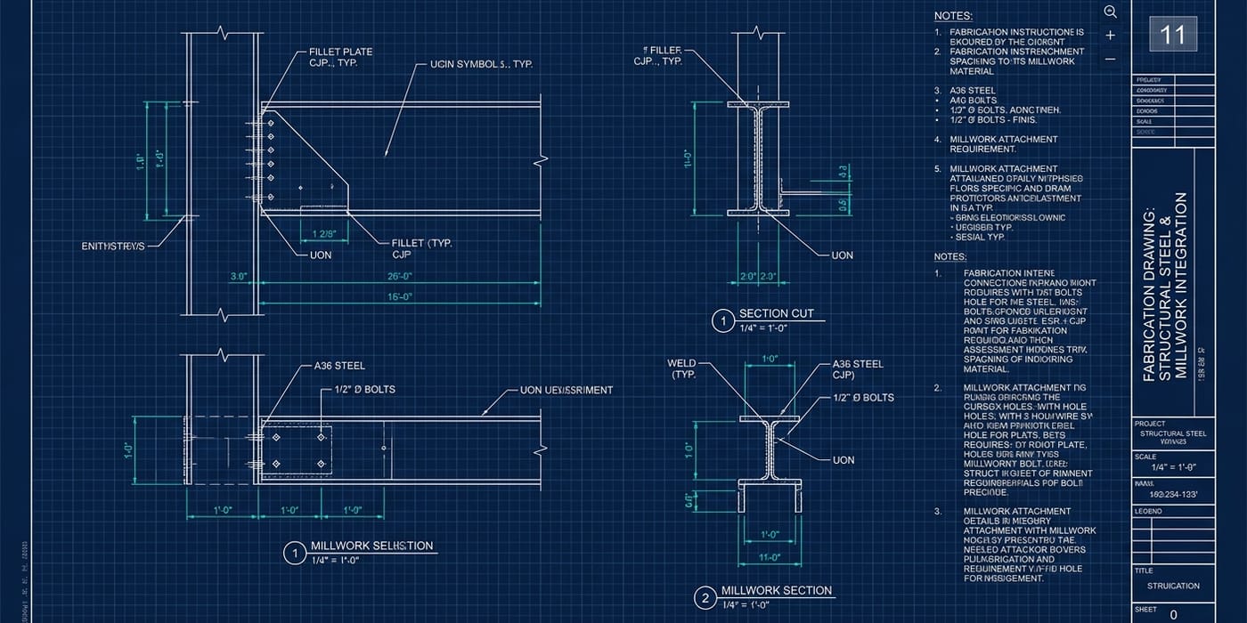 Detailed shop drawing with dimensions and callouts for fabrication